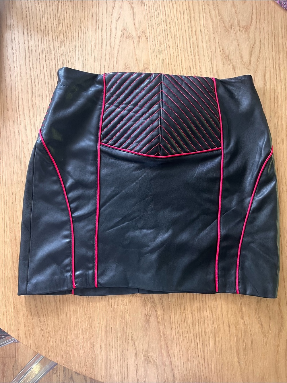 Zara Black Faux Leather Mini Skirt with Pink Trim